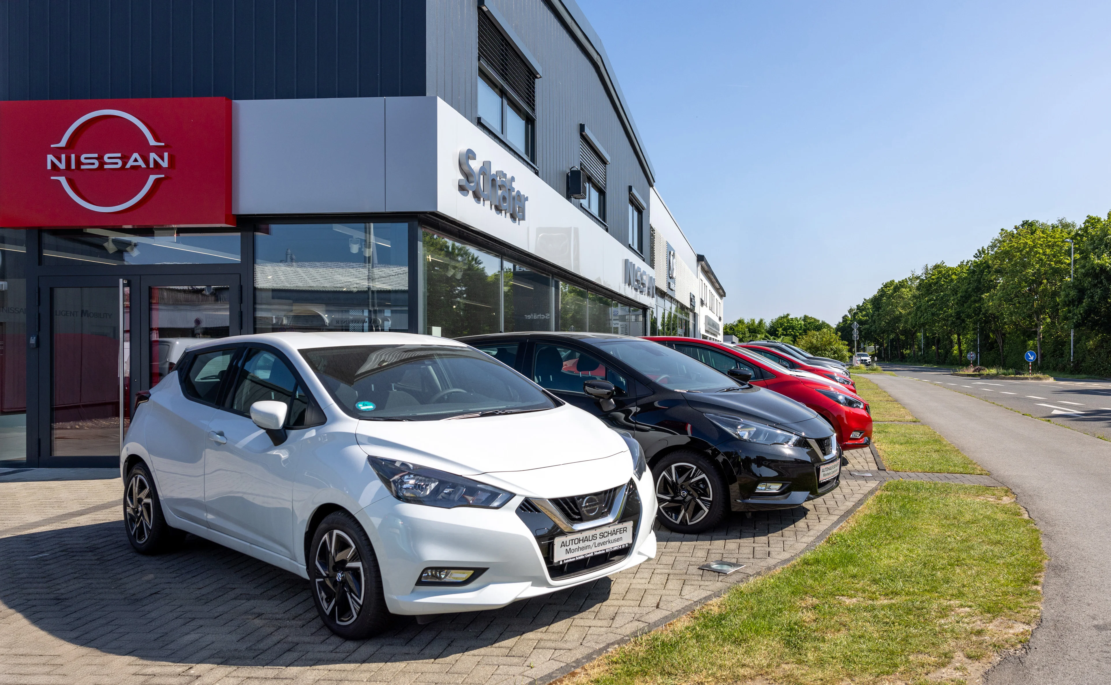 Fahrzeuge der Marke Nissan in einer Reihe. Das erste Fahrzeug ist ein weißes