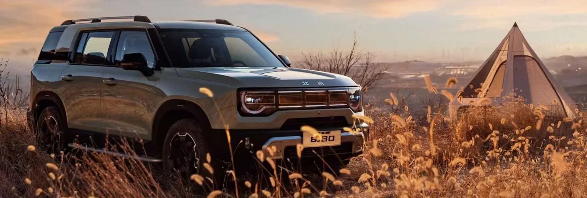 baic-bj30-in grau metallic von vorne, rechts aufgenommen stehend auf einer Wiese