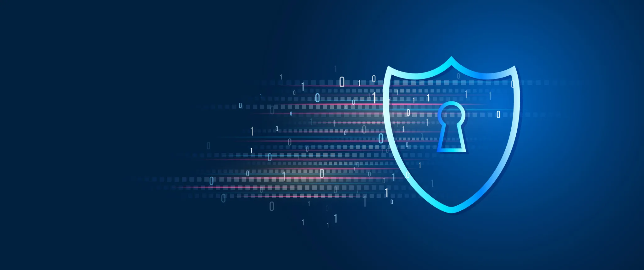 Blaues Bild mit digitaler Anmutung mit einem schutzschild, welches Datensicherheit generiert