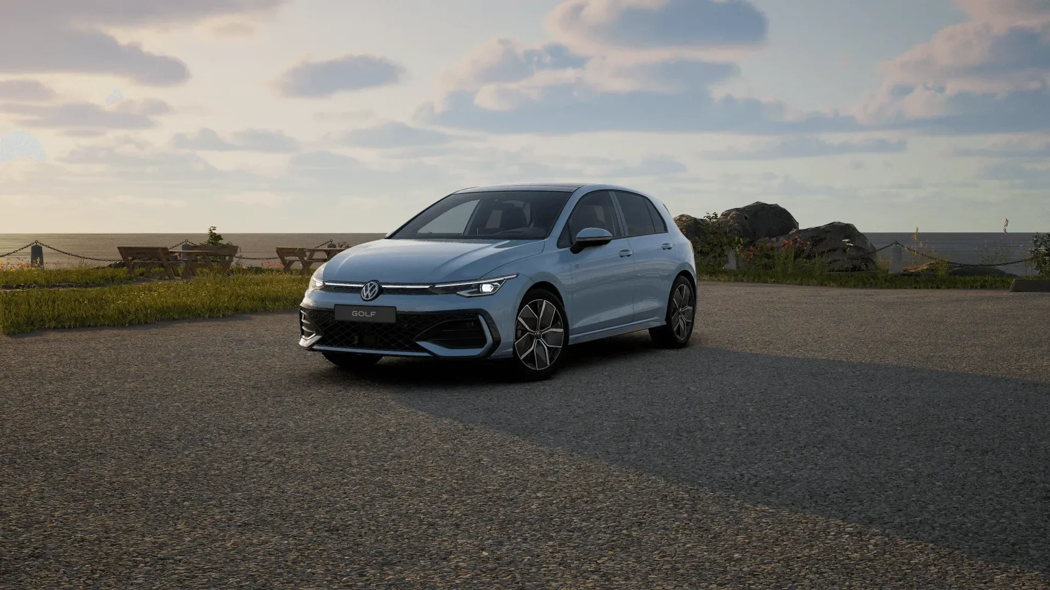 Golf eins von links fotografieren auf einem Parkplatz an einer Küste