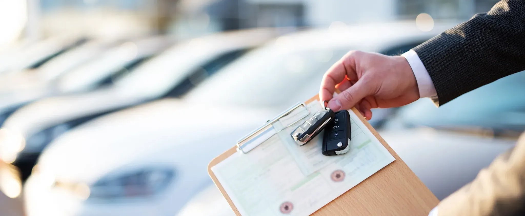 Ein Mann hält ein Klemmbrett. Darauf ist eine Fahrzeugzulassung befestigt. In der anderen Hand hält man den Fahrzeugschlüssel.