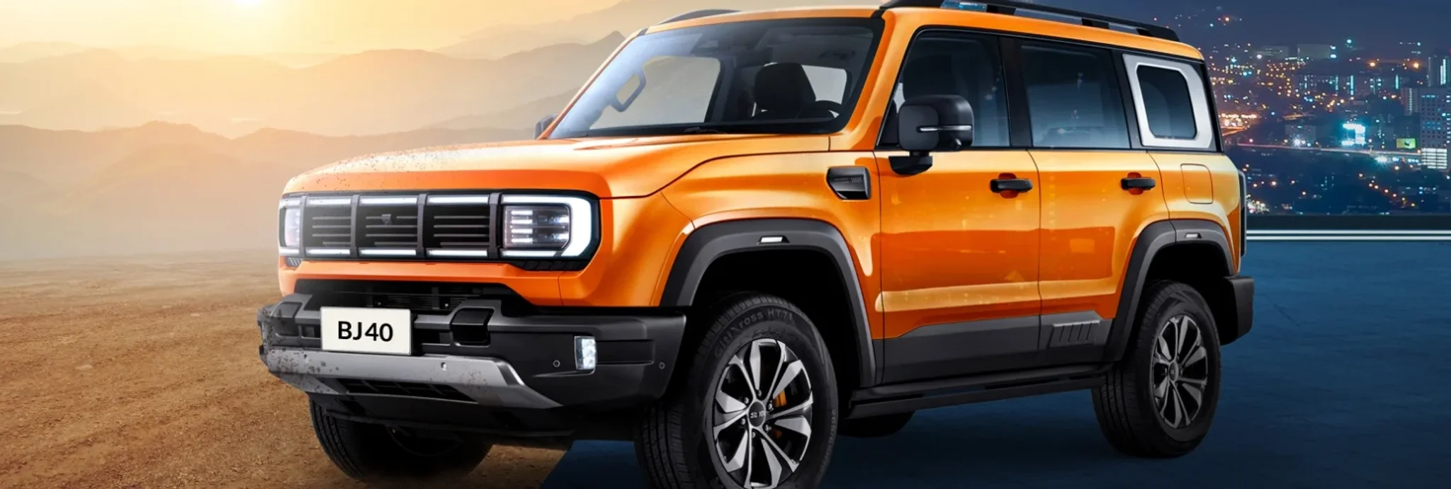Baic BJ40 in orange von der linken Seite aufgenommen