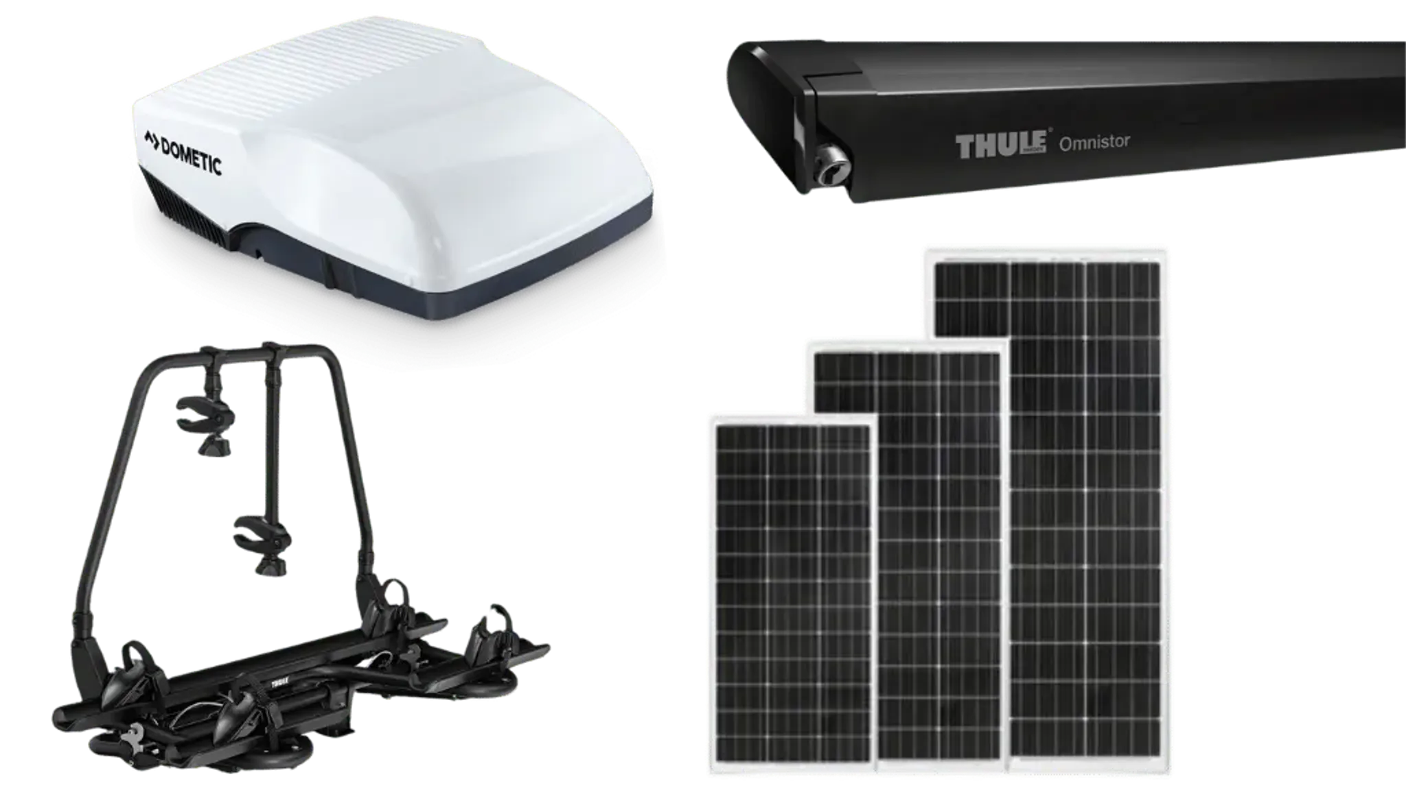 Dometic Dachklimaanlage, Alden Solarpanel, Thule Fahrradträger und Thule Markise für Wohnmobile und Camper Vans