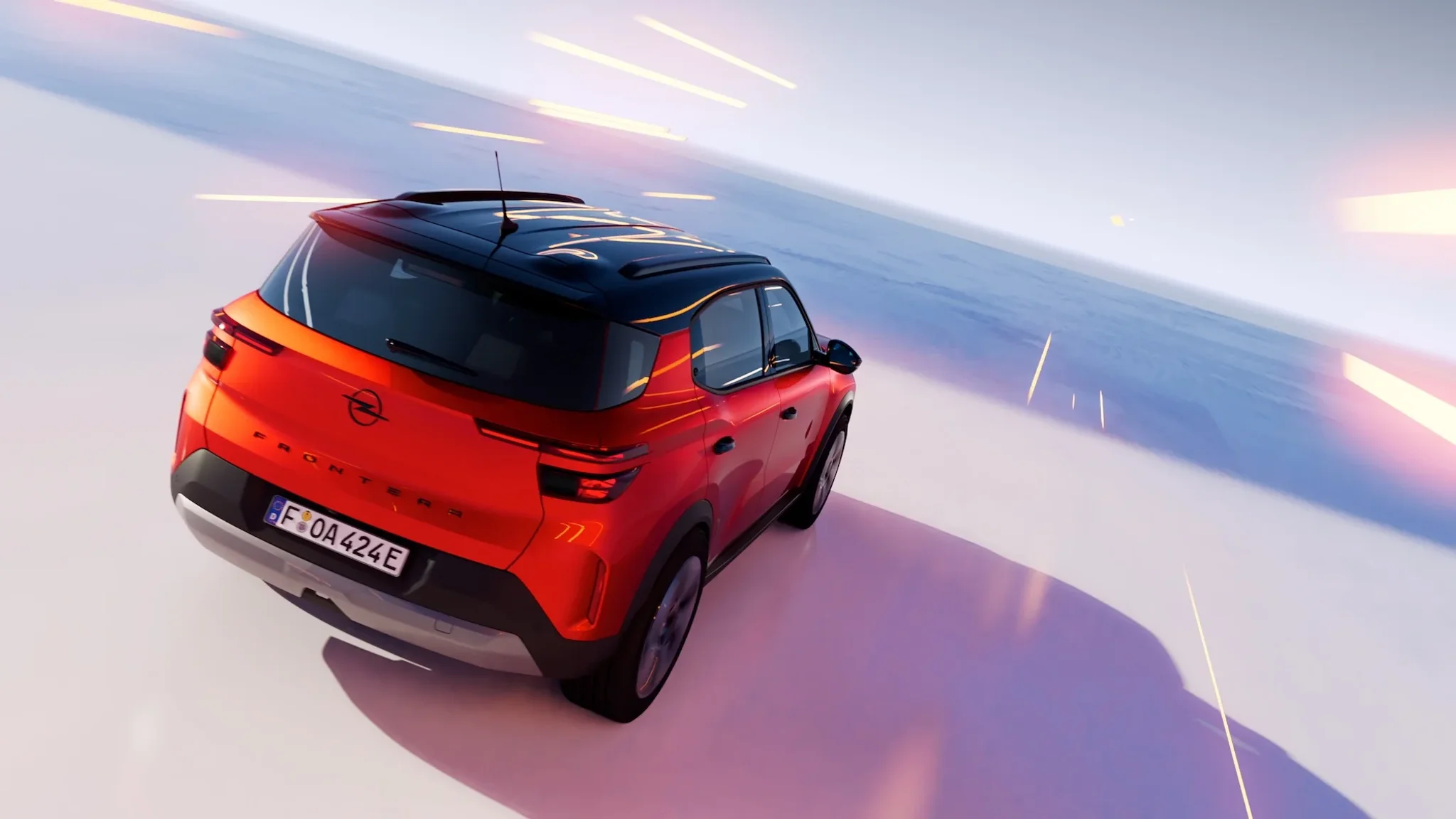 Der neue Opel Frontera, von hinten, rechts in rot mit schwarzen Dach
