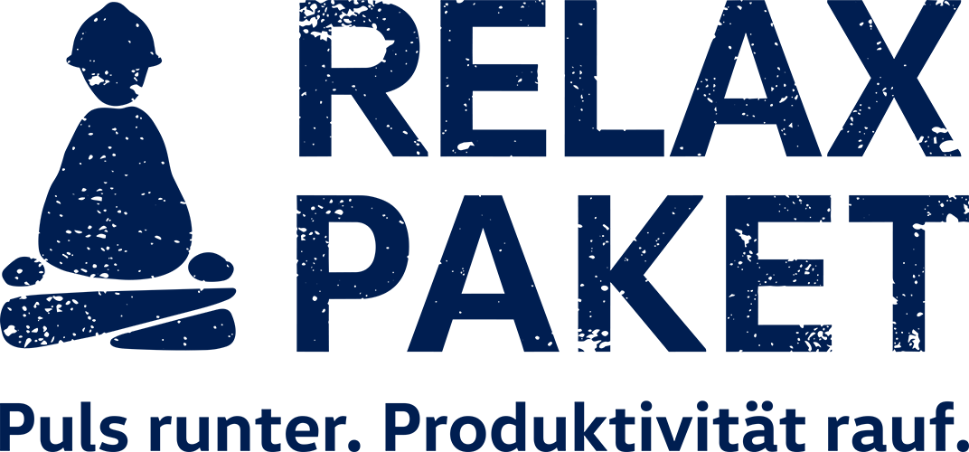 Logo Relax_Paket: Grafik eines meditierenden Handwerkers, Schriftzug: RELAX PAKET. Puls runter. Produktivität rauf
