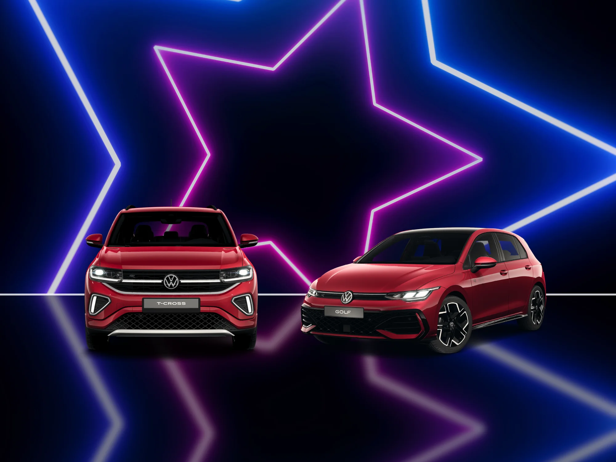 Roter T-Cross und roter Golf vor sternförmigem Neon Hintergrund