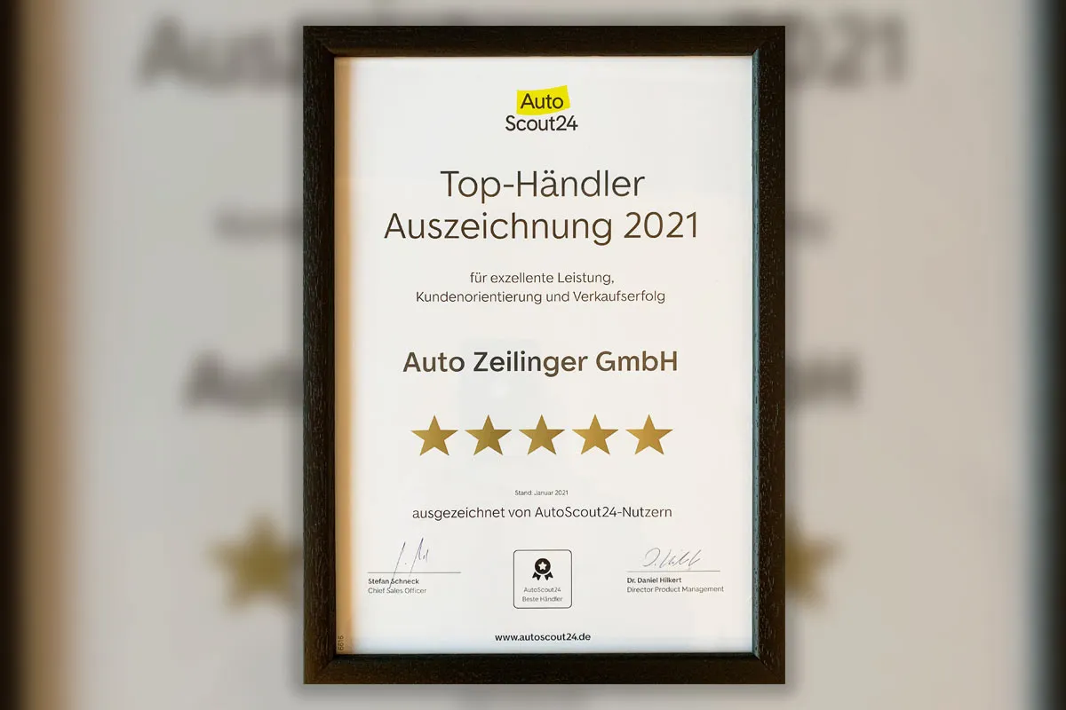 AUSZEICHNUNG VON AUTOSOUT24 ALS TOP-HÄNDLER 2021