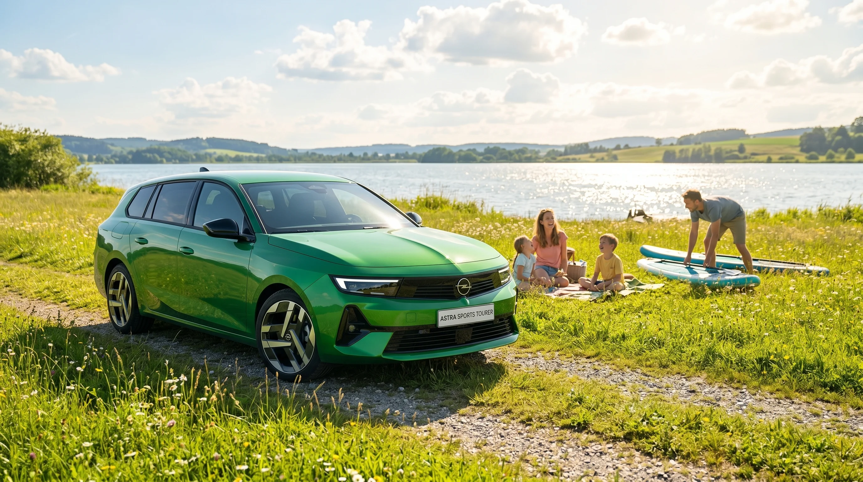 Opel Astra Sport Tourer in grün metallic Panic auf einer Wiese im Hintergrund ist ein See zu sehen und eine Familie