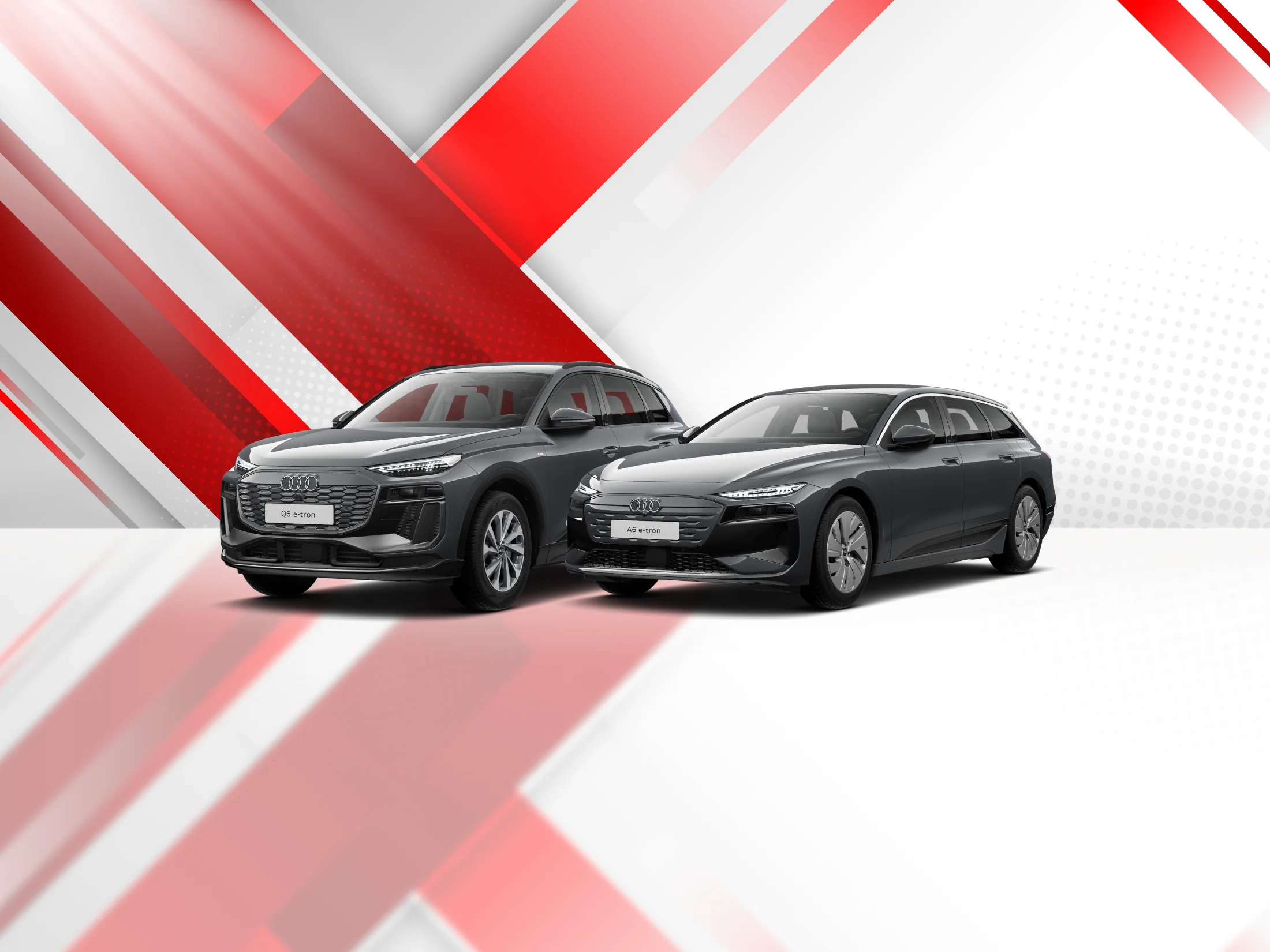 Grauer Audi Q6 e-tron und A6 e-tron vor abstraktem rot-weißen Studio-Hintergrund