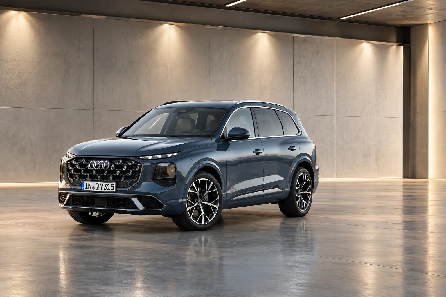 Audi Q7 im minimalistischen Showroom.png Dieses Bild wurde mit KI generiert oder bearbeitet