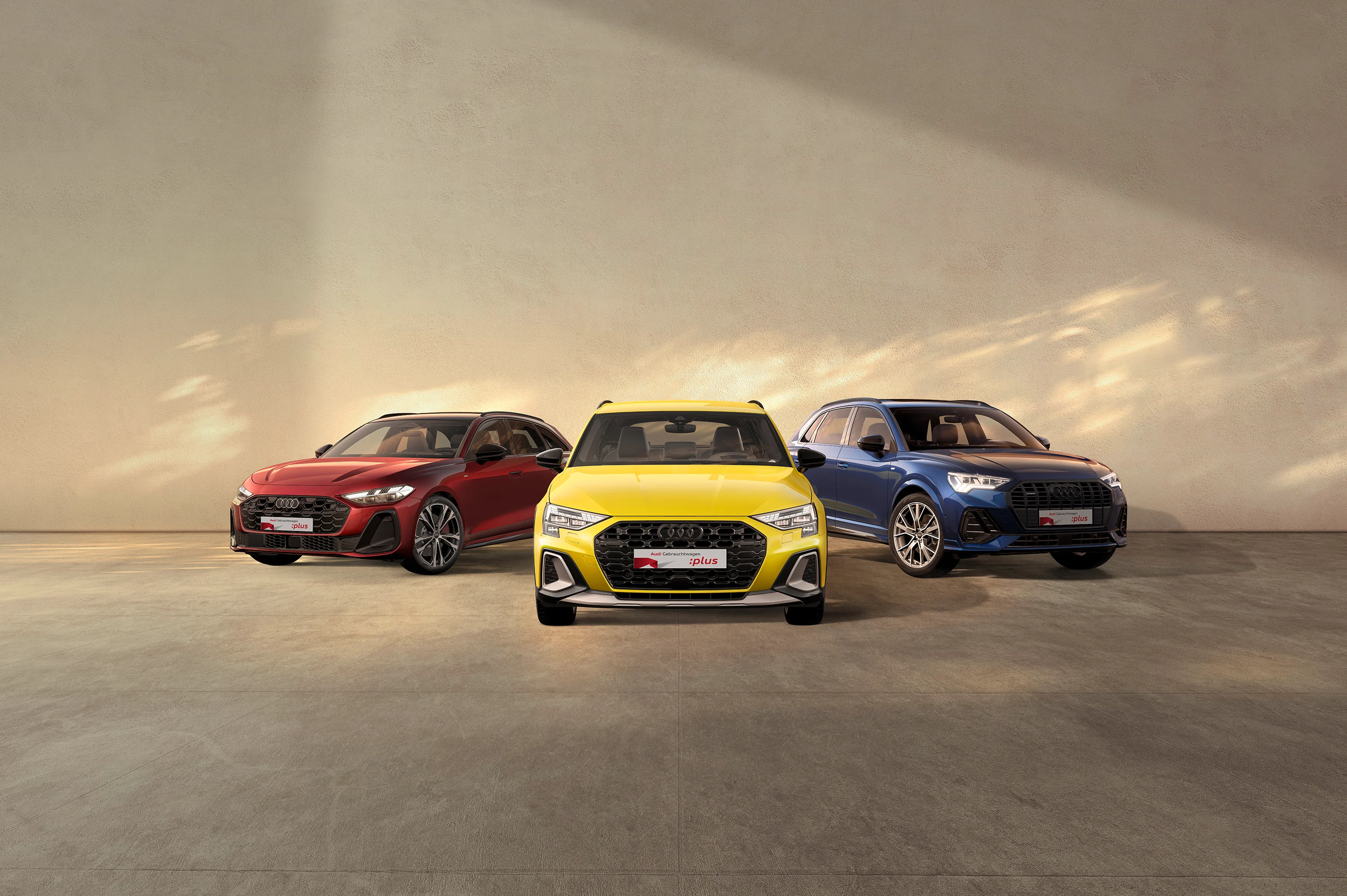 Roter A5, gelber A3 und blauer Q3 vor beigem Hintergrund