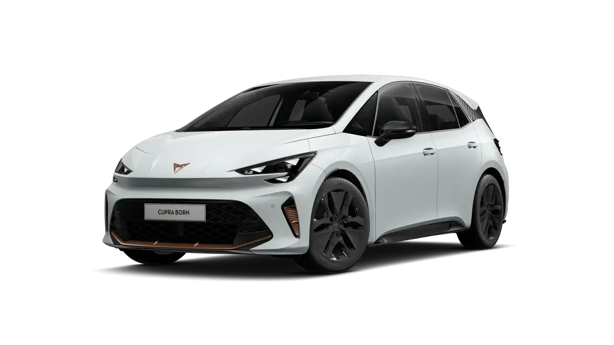 Weißer CUPRA Born mit schwarzen Leichtmetallfelgen und kupferfarbenen Designakzenten in seitlicher Frontansicht