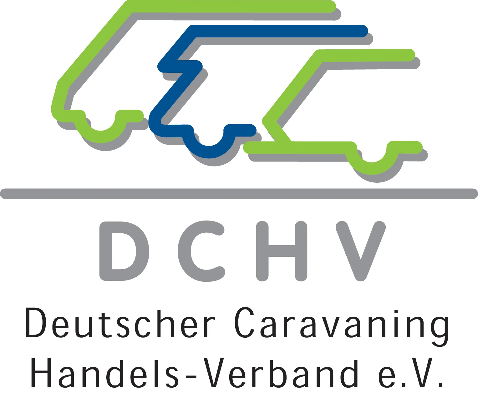 Logo des DCHV – Deutscher Caravaning Handels-Verband e. V. mit stilisierten Wohnwagen- und Wohnmobil-Symbolen in Grün und Blau.