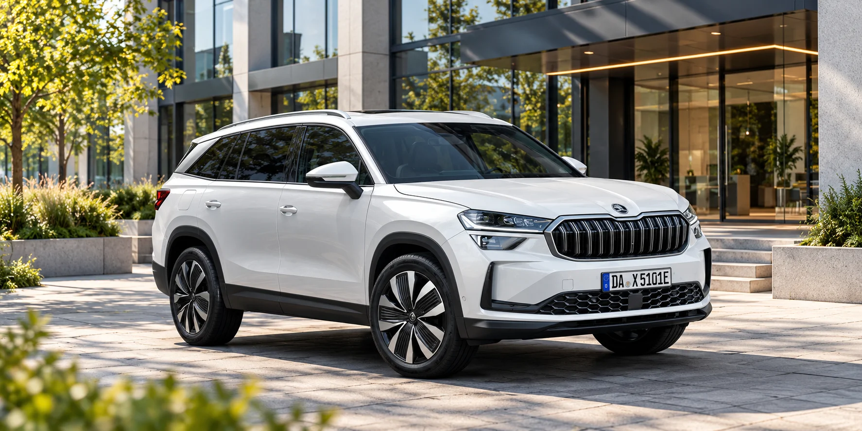 Eleganter SUV vor modernem Bürogebäude.png Dieses Bild wurde mit KI generiert oder bearbeitet