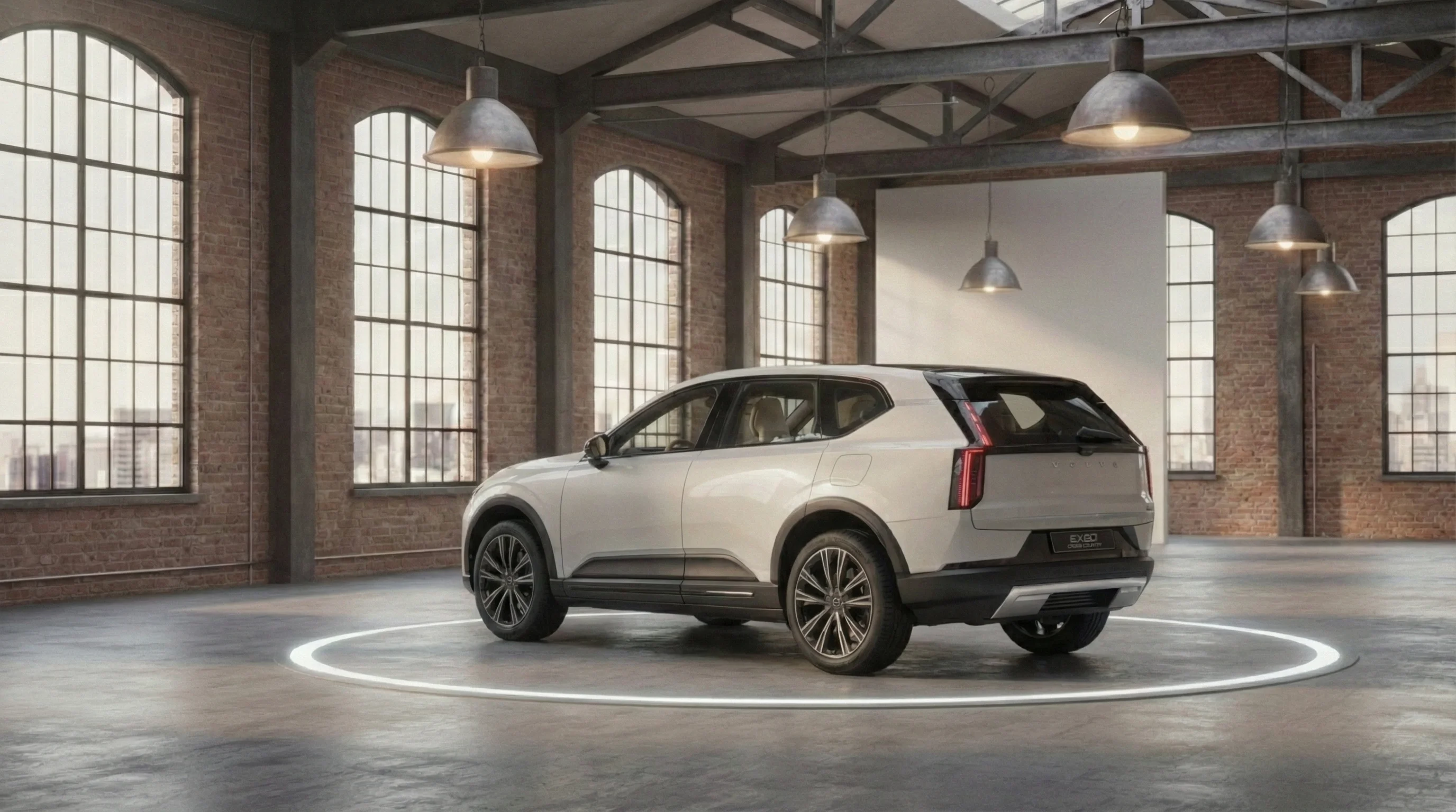 Volvo EX60 stehend in einer Industriehalle Ansicht von hinten rechts