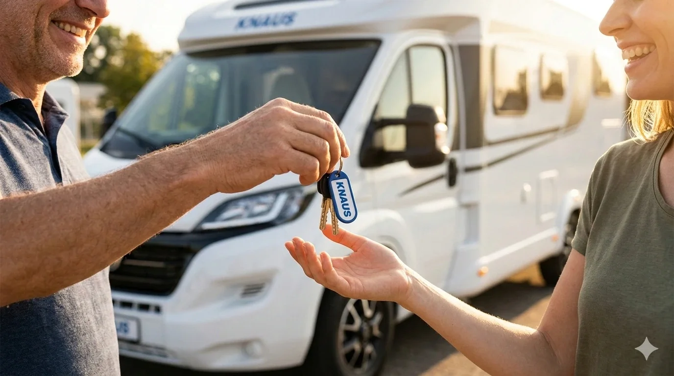 Übergabe eines Wohnmobil-Schlüssels vor Knaus Reisemobil: Kundin erhält Schlüssel für gemietetes oder gekauftes Wohnmobil beim Caravan-Händler.