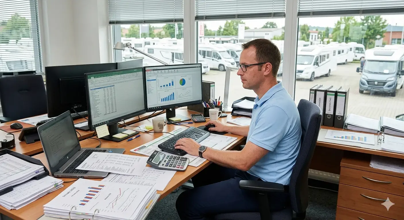 Mitarbeiter der Finanzbuchhaltung arbeitet im Büro an mehreren Bildschirmen mit Auswertungen und Tabellen.
