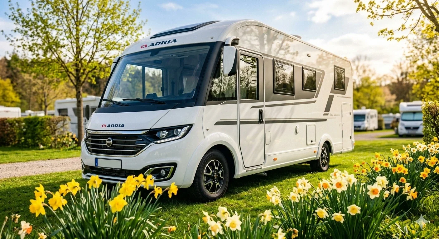 Adria Wohnmobil auf grünem Campingplatz im Frühling: modernes Reisemobil zwischen blühenden Narzissen auf einem gepflegten Stellplatz.