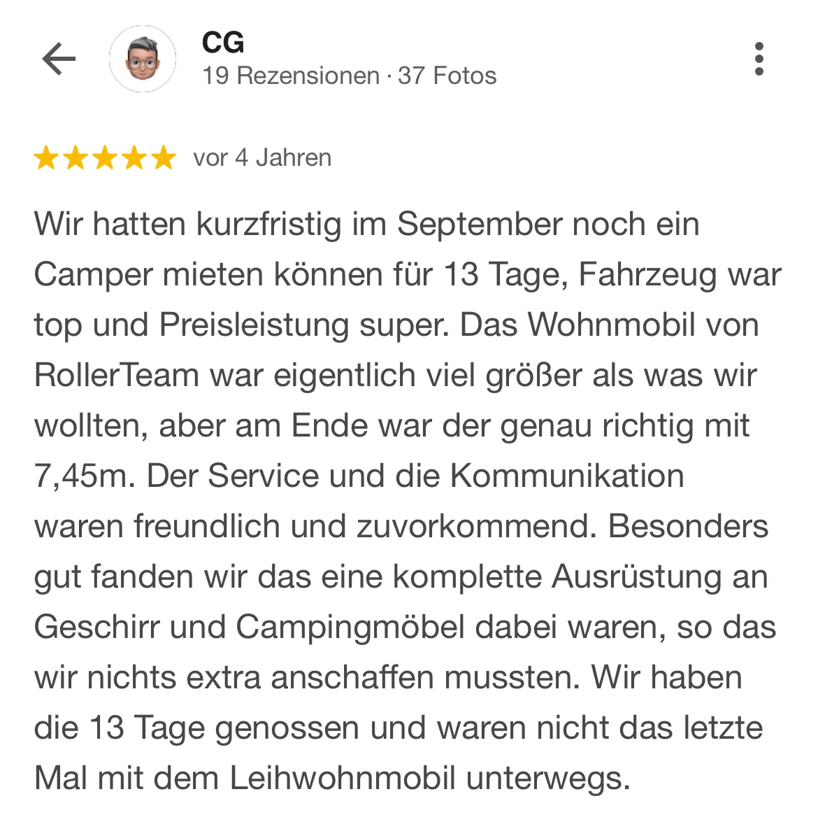 Google Bewertung für Caravan Center Nord Wohnmobil Vermietung von CG