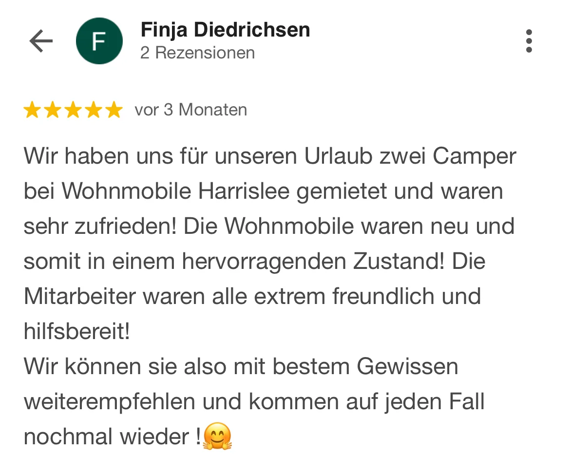 Google Bewertung für Caravan Center Nord Wohnmobil Vermietung von Finja Diedrichsen