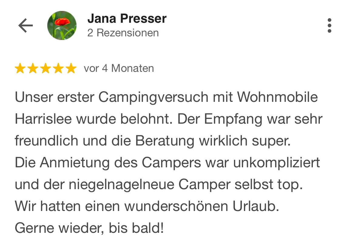 Google Bewertung für Caravan Center Nord Wohnmobil Vermietung von Jana Presser