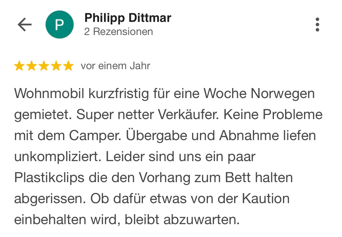 Google Bewertung für Caravan Center Nord Wohnmobil Vermietung von Phillip Dittmar