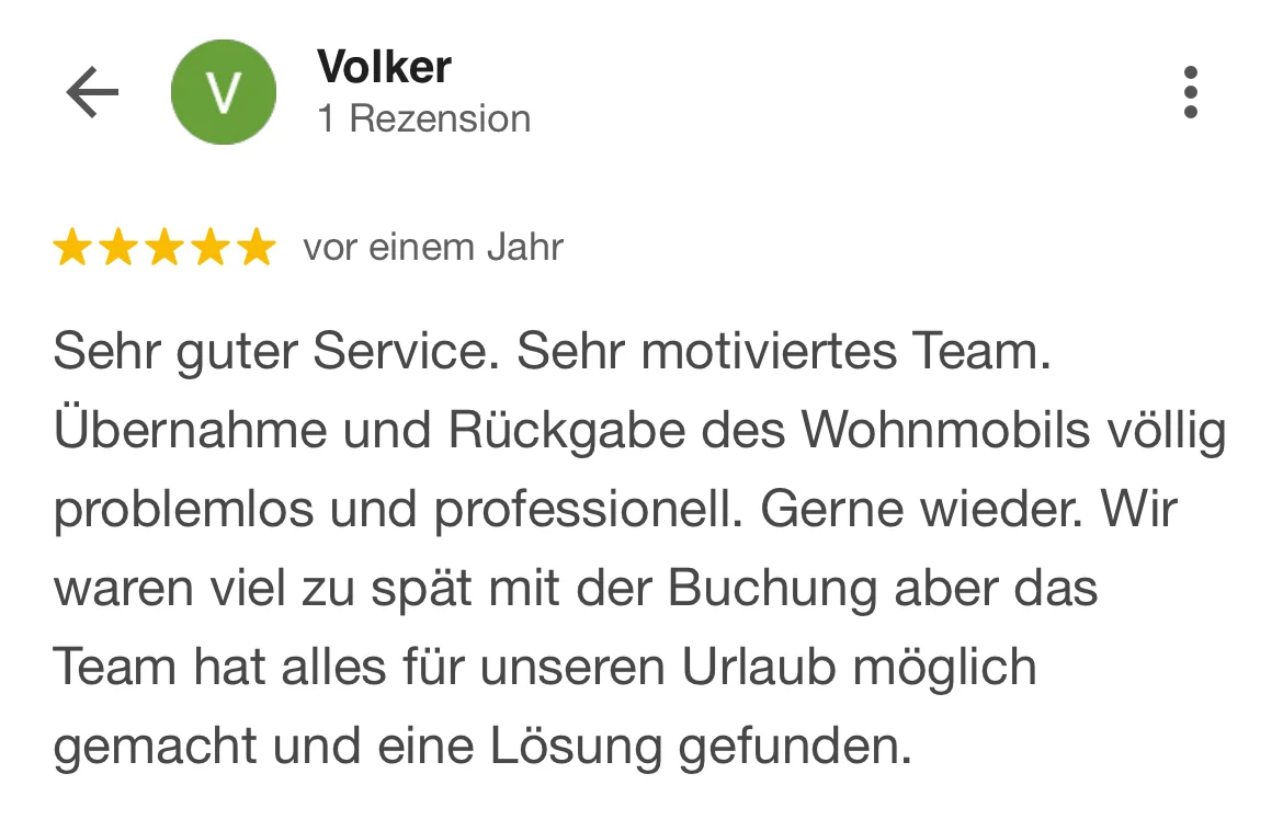 Google Bewertung für Caravan Center Nord Wohnmobil Vermietung von Volker