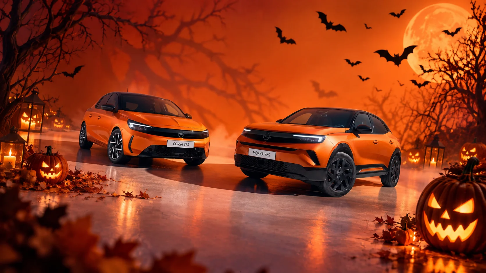 Halloween-Nacht mit Opel Corsa und Mokka.png Dieses Bild wurde mit KI generiert oder bearbeitet