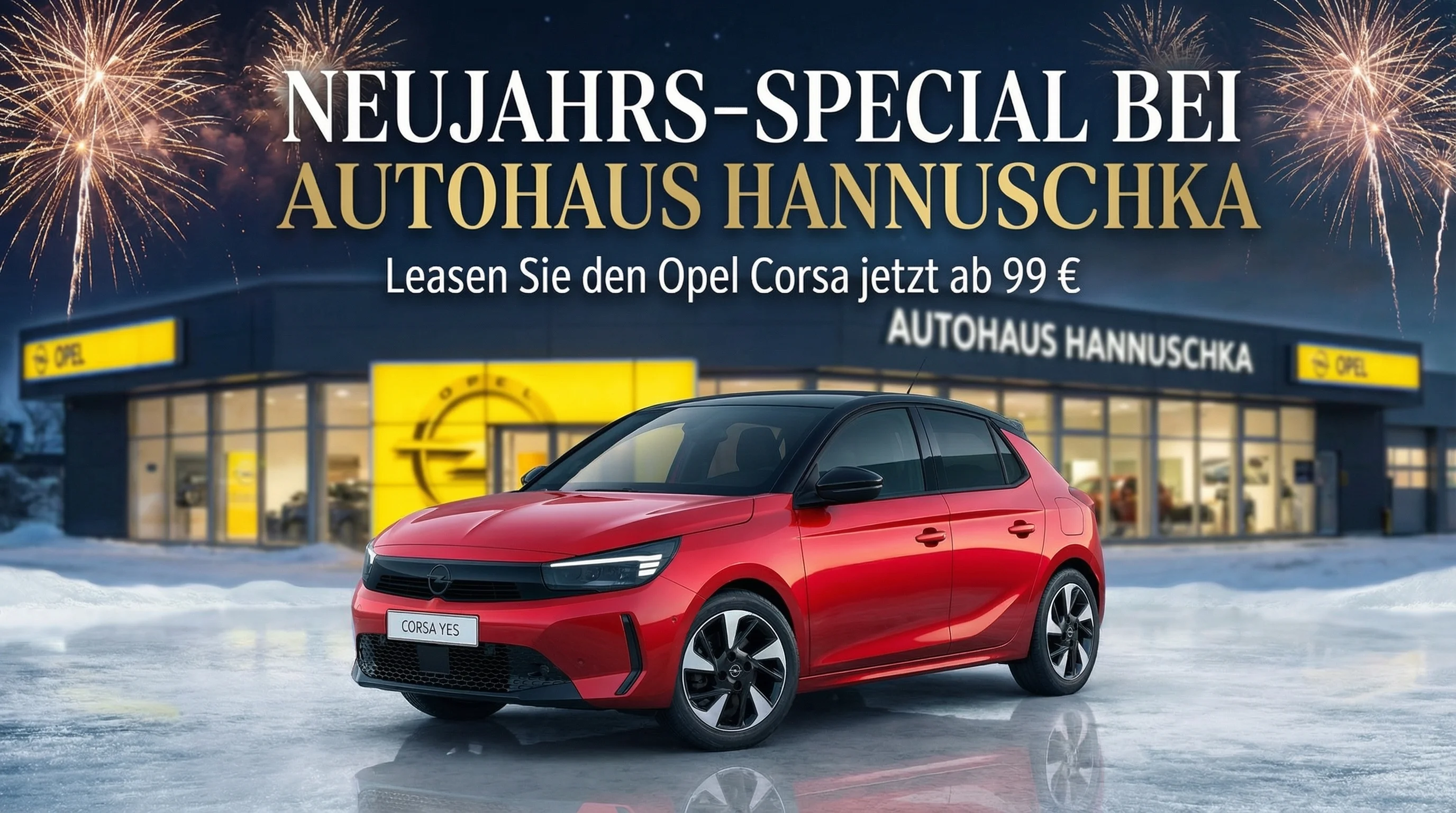 Opel Corsa in Rot steht in winterlicher Landschaft vor dem Autohaus Hannuschka