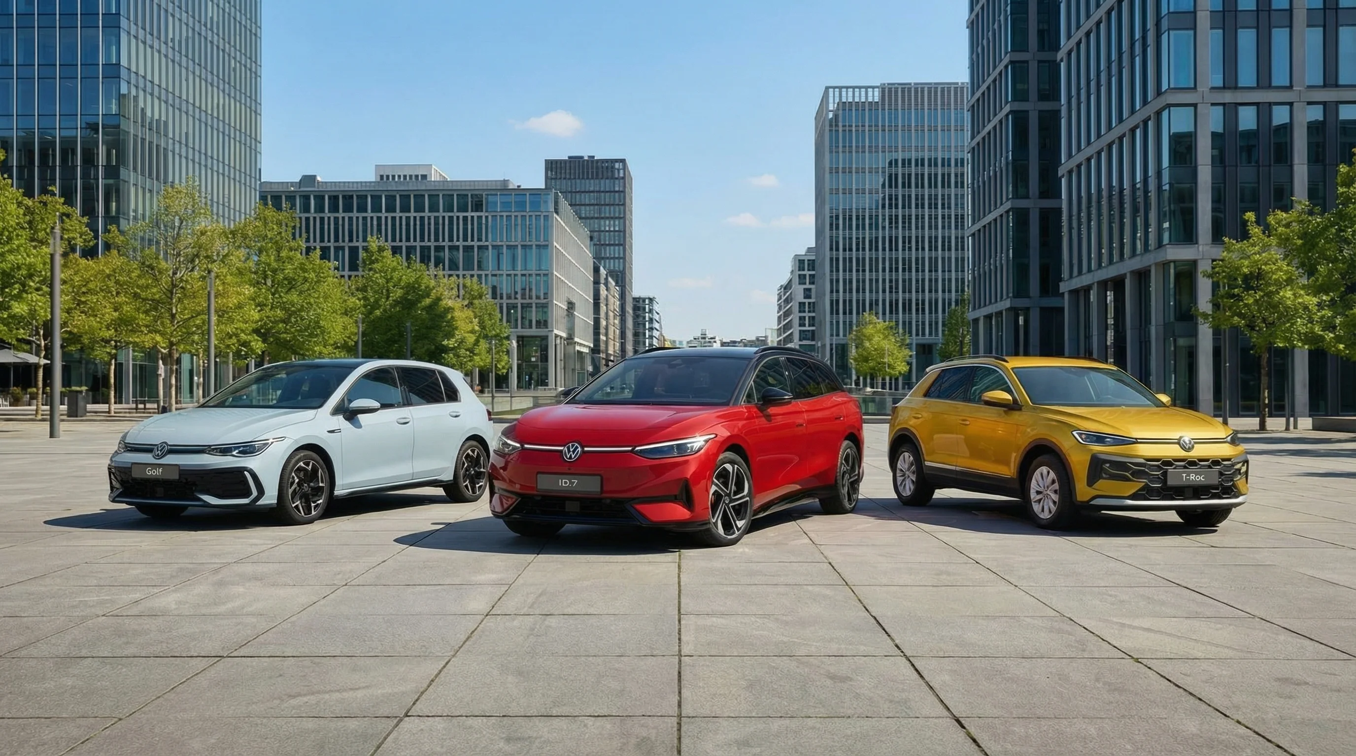 Drei Fahrzeuge der Marke VW, stehen auf einem Platz vor der Silhouette einer modernen Großstadt