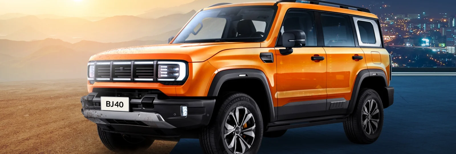 Baic BJ40 in orange von der linken Seite aufgenommen