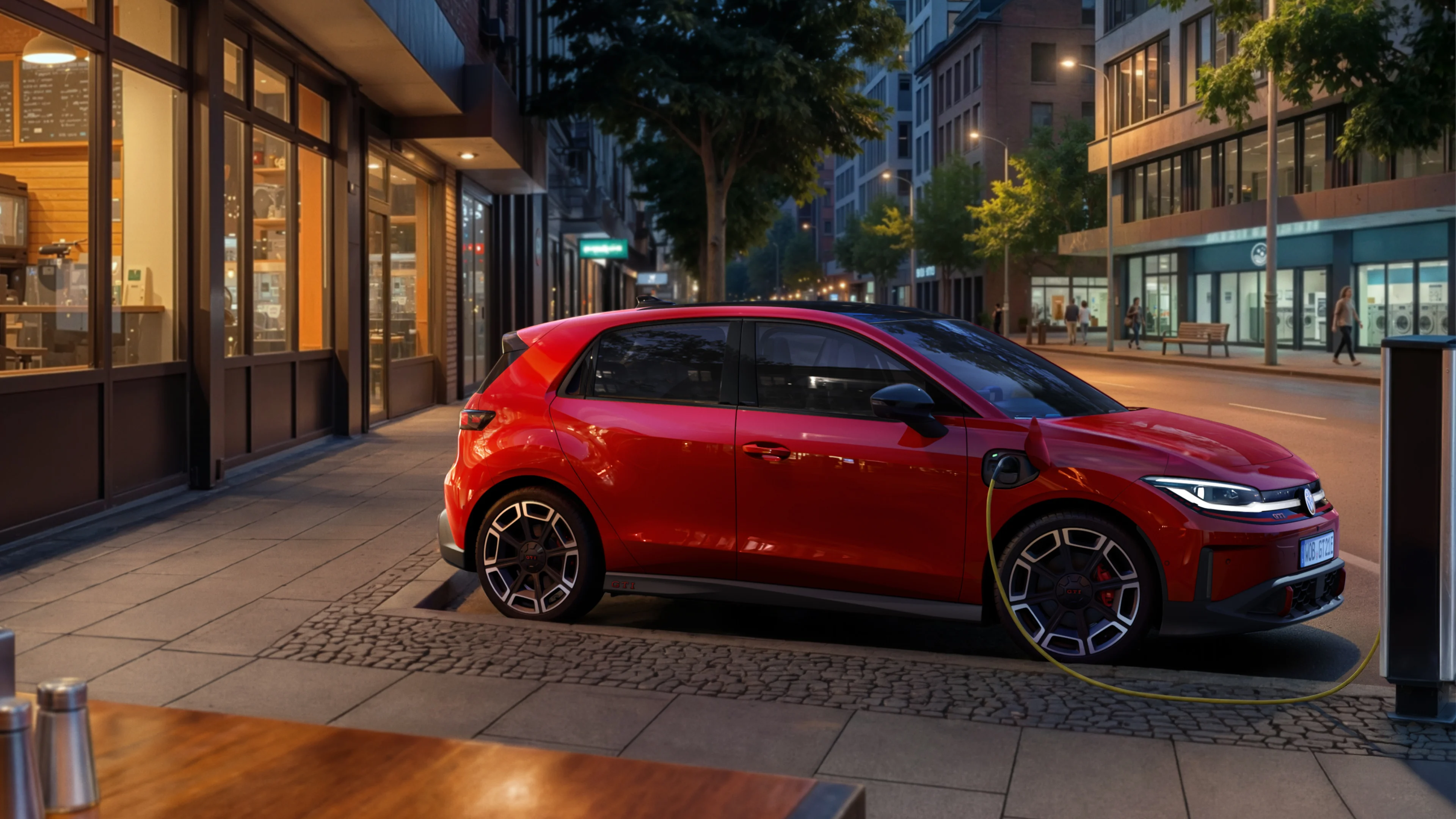 ID. Polo GTI in rot lädt abends an der Straße