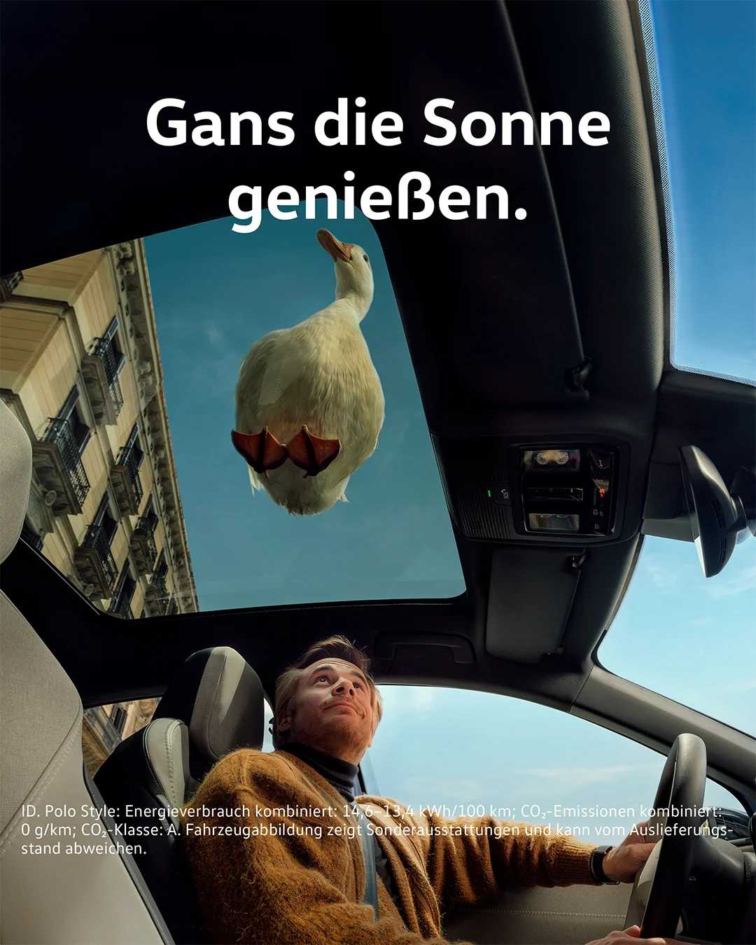 ID Polo: Feature Panoramadach mit Aufschrift: Gans die Sonne genießen