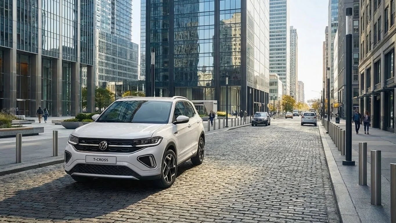 VW T-Cros in Weiss, in moderner urbaner Umgebung. By Autohaus Digital