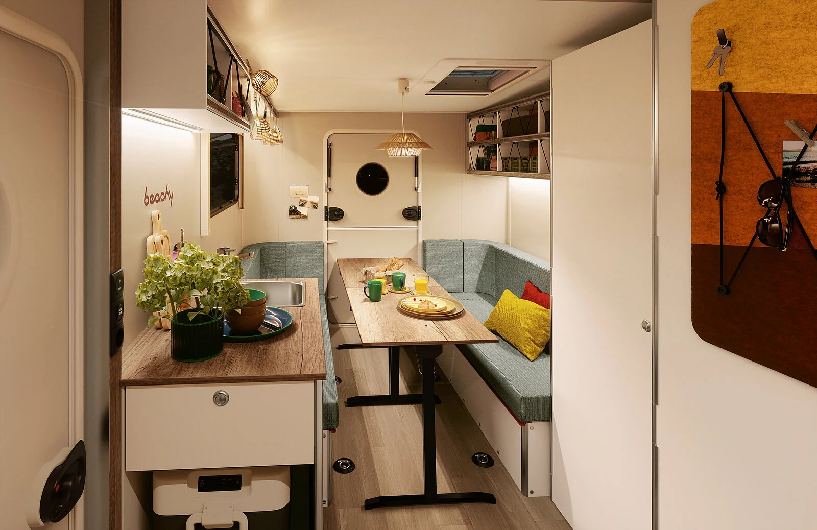 Innenansicht eines Hobby Beachy Wohnwagens