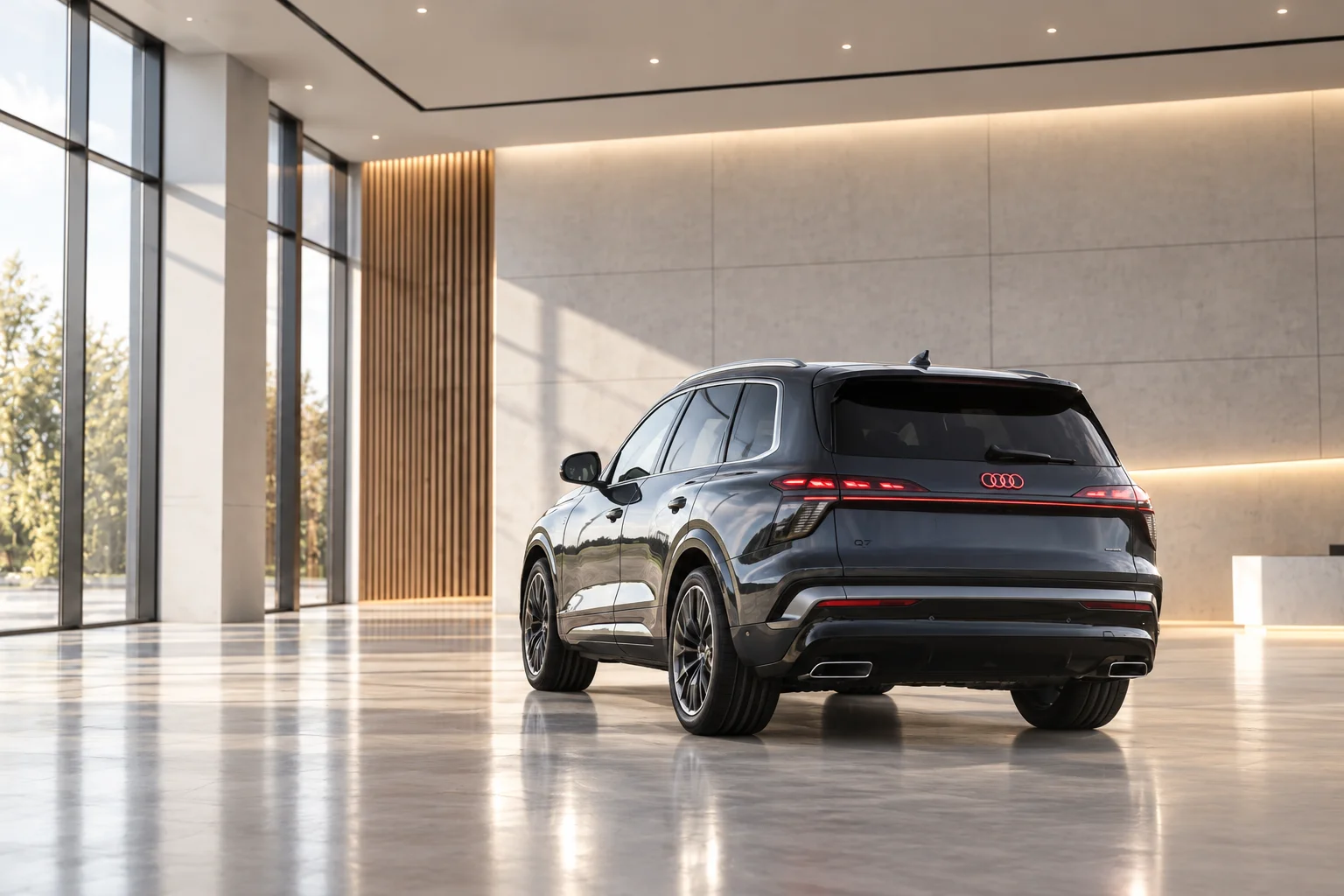 Luxuriöser Audi Q7 im modernen Showroom.png Dieses Bild wurde mit KI generiert oder bearbeitet