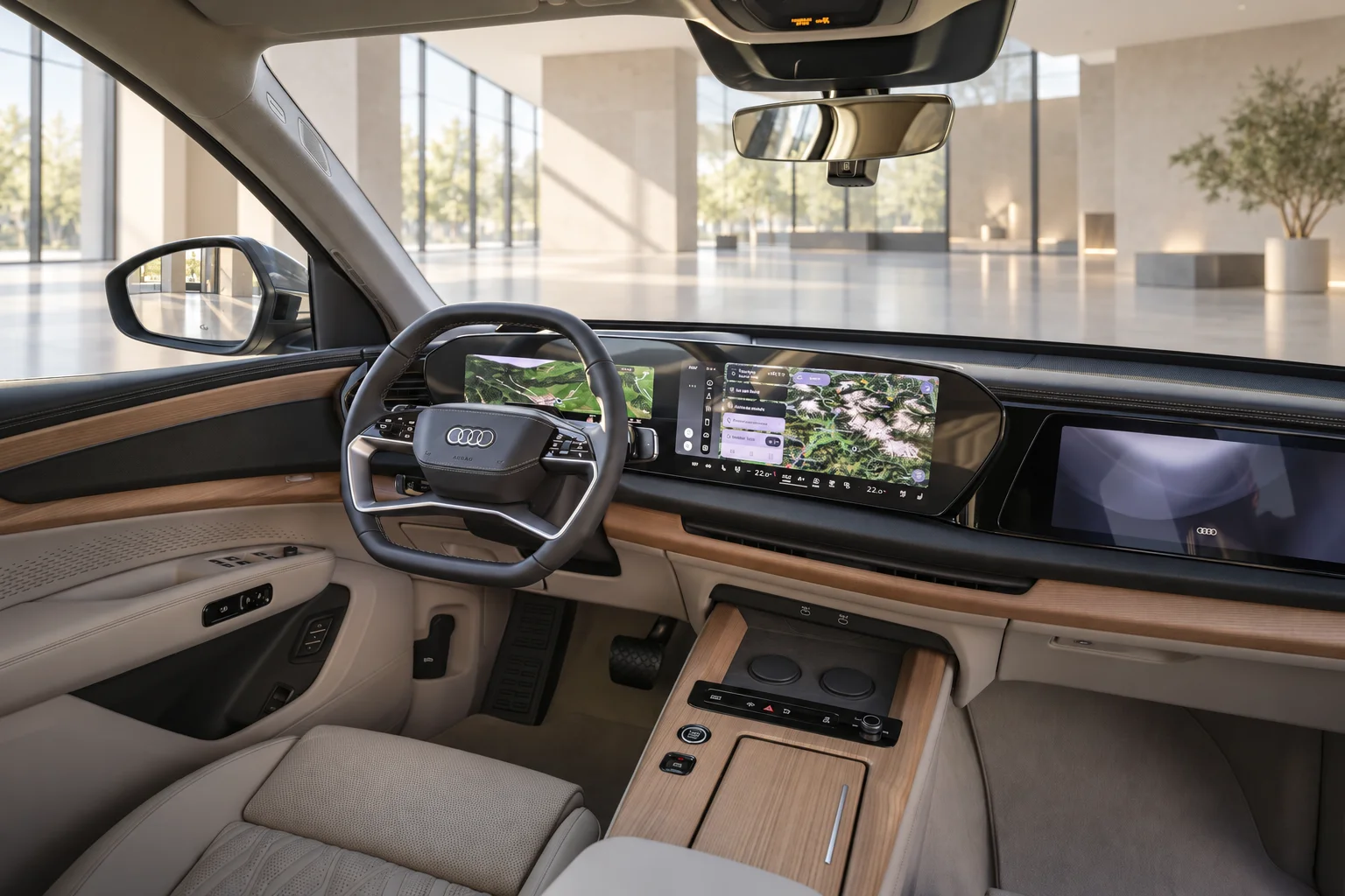 Luxuriöses Audi-Cockpit im Showroom.png Dieses Bild wurde mit KI generiert oder bearbeitet