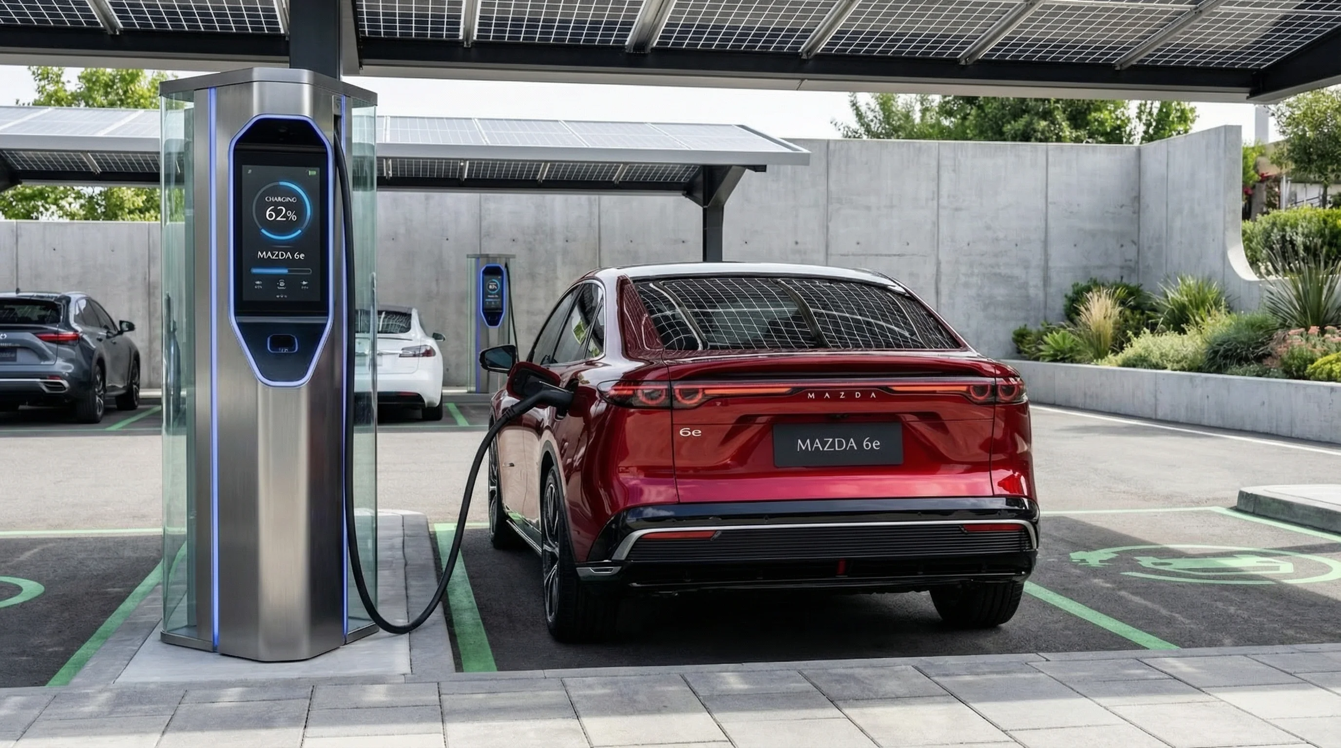 Mazda 6E stehend in einer Ladesäulen Ansicht von hinten AHD-AI