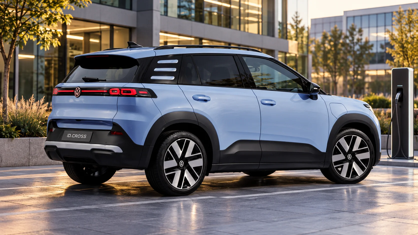 Moderner Volkswagen ID.CROSS am Büro-Ladeplatz.png Dieses Bild wurde mit KI generiert oder bearbeitet