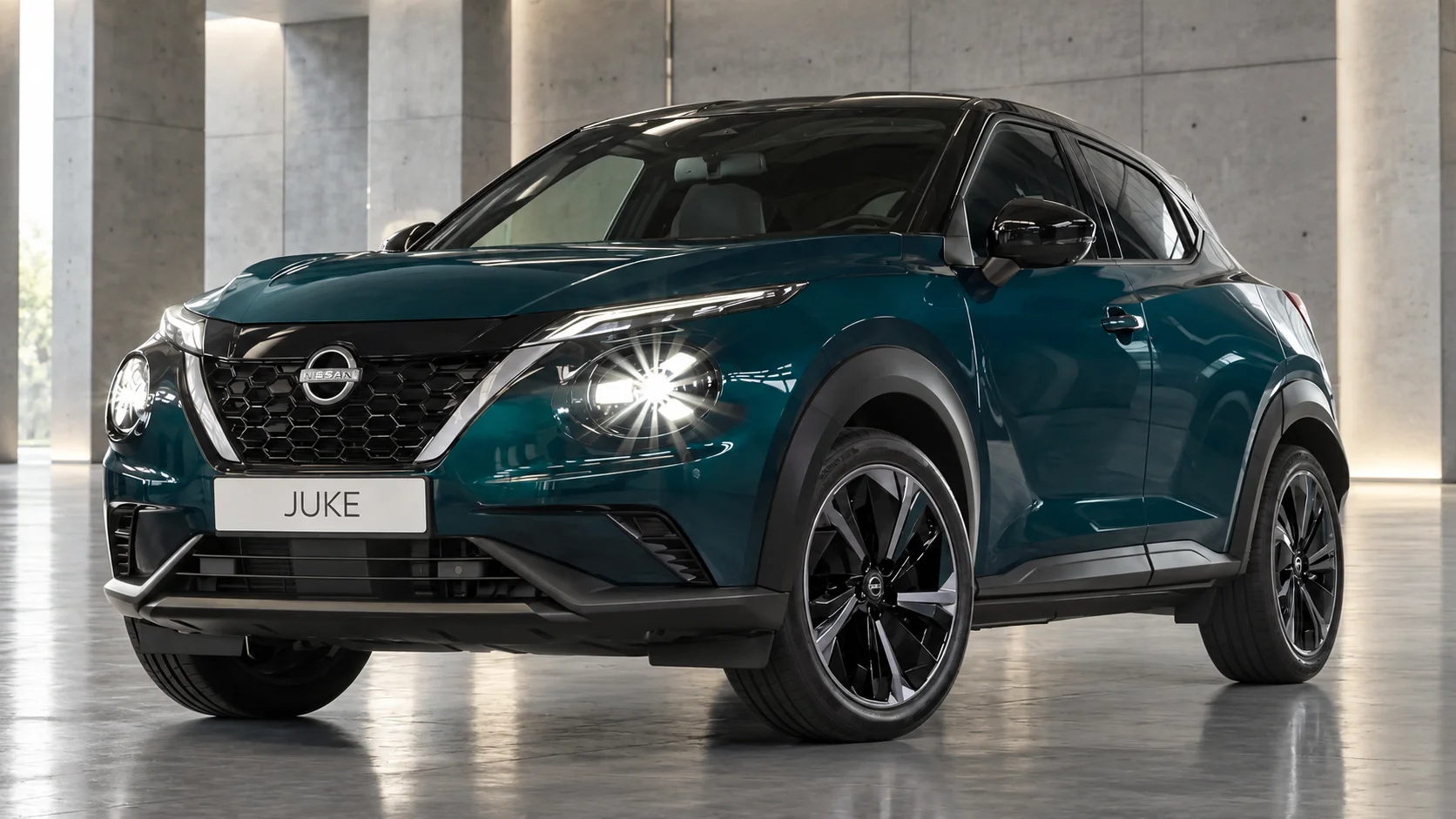 Nissan Juke im Beton-Showroom.png Dieses Bild wurde mit KI generiert oder bearbeitet