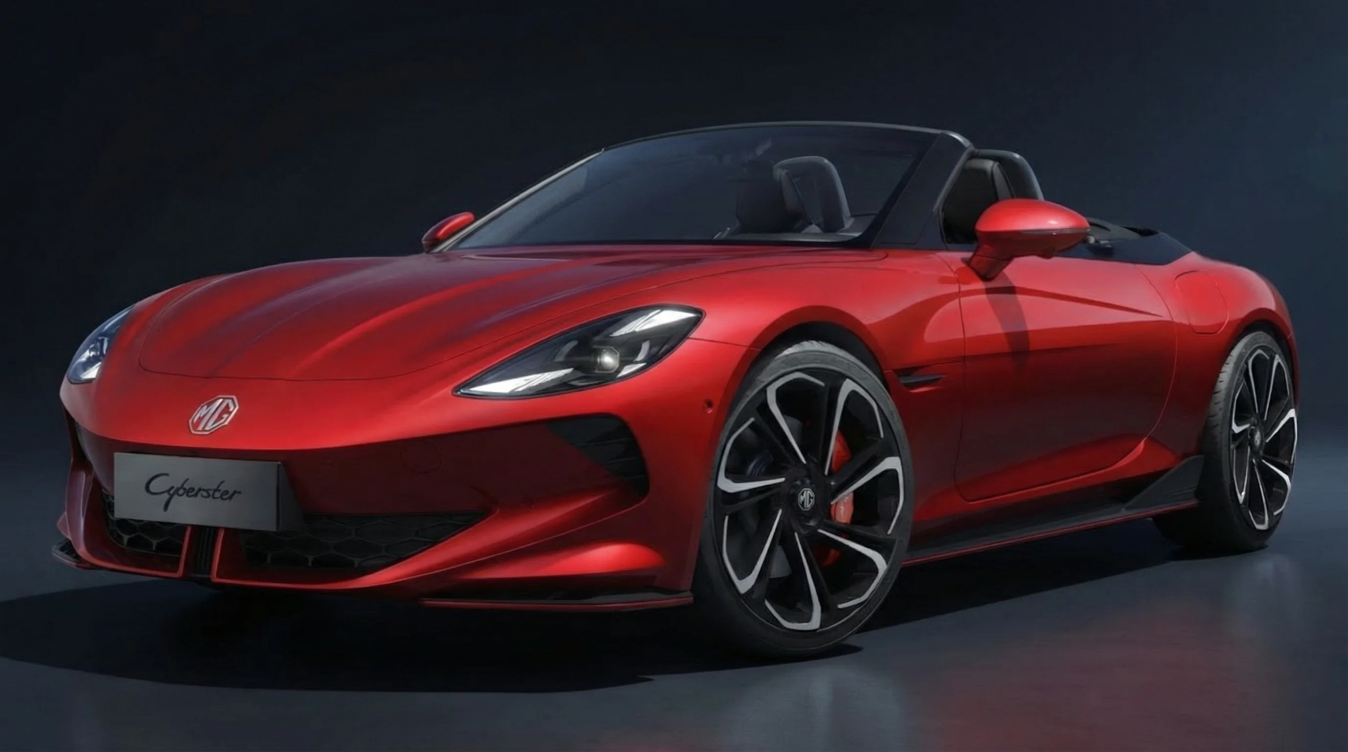 MG Cyberster, in rot stehend vor dunkle Hintergrund