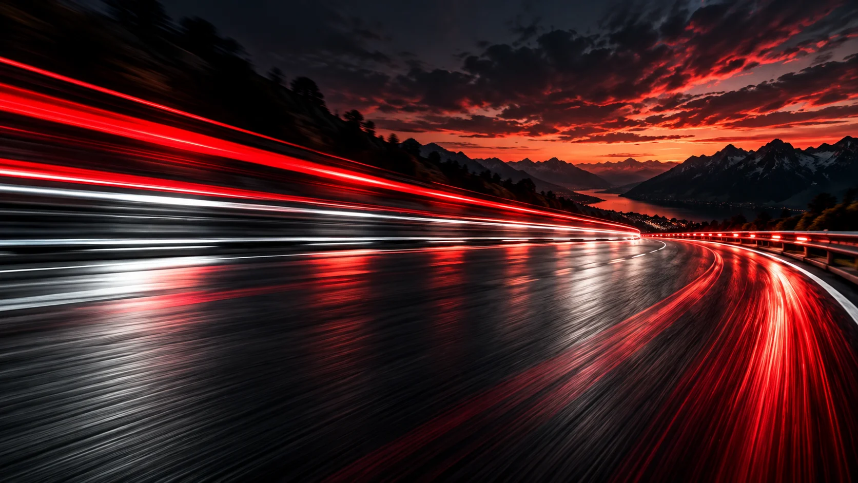 Rote Lichtspuren durch alpine Nacht.png Dieses Bild wurde mit KI generiert oder bearbeitet