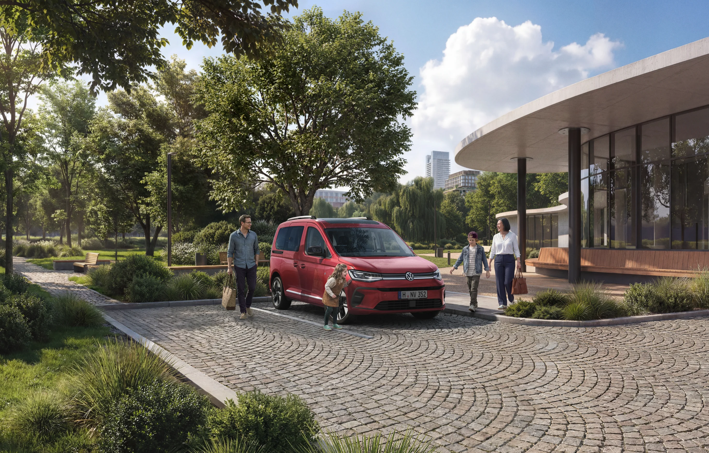 Roter Caddy umgeben von einer Familie auf einem Parkplatz.png