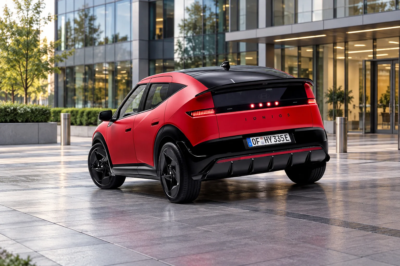 Roter Hyundai IONIQ 5 am Bürogebäude.png Dieses Bild wurde mit KI generiert oder bearbeitet