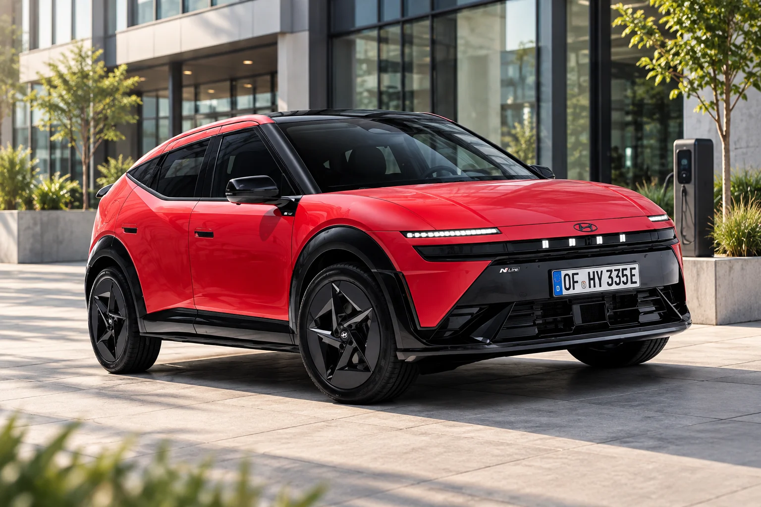 Roter IONIQ 5 N Line vor moderner Architektur.png Dieses Bild wurde mit KI generiert oder bearbeitet