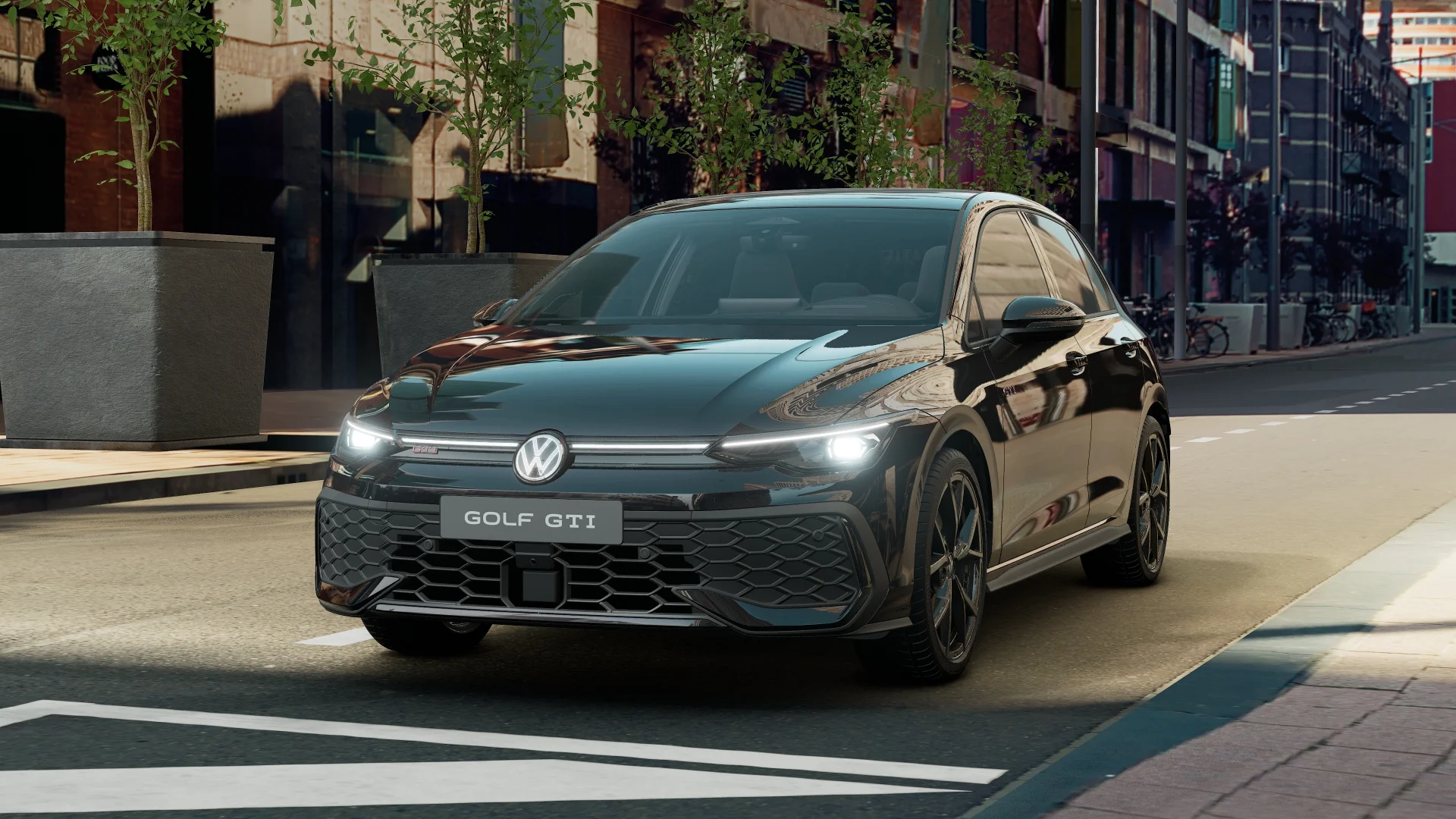 Schwarzer Golf GTI in seitlicher Frontansicht.jpg