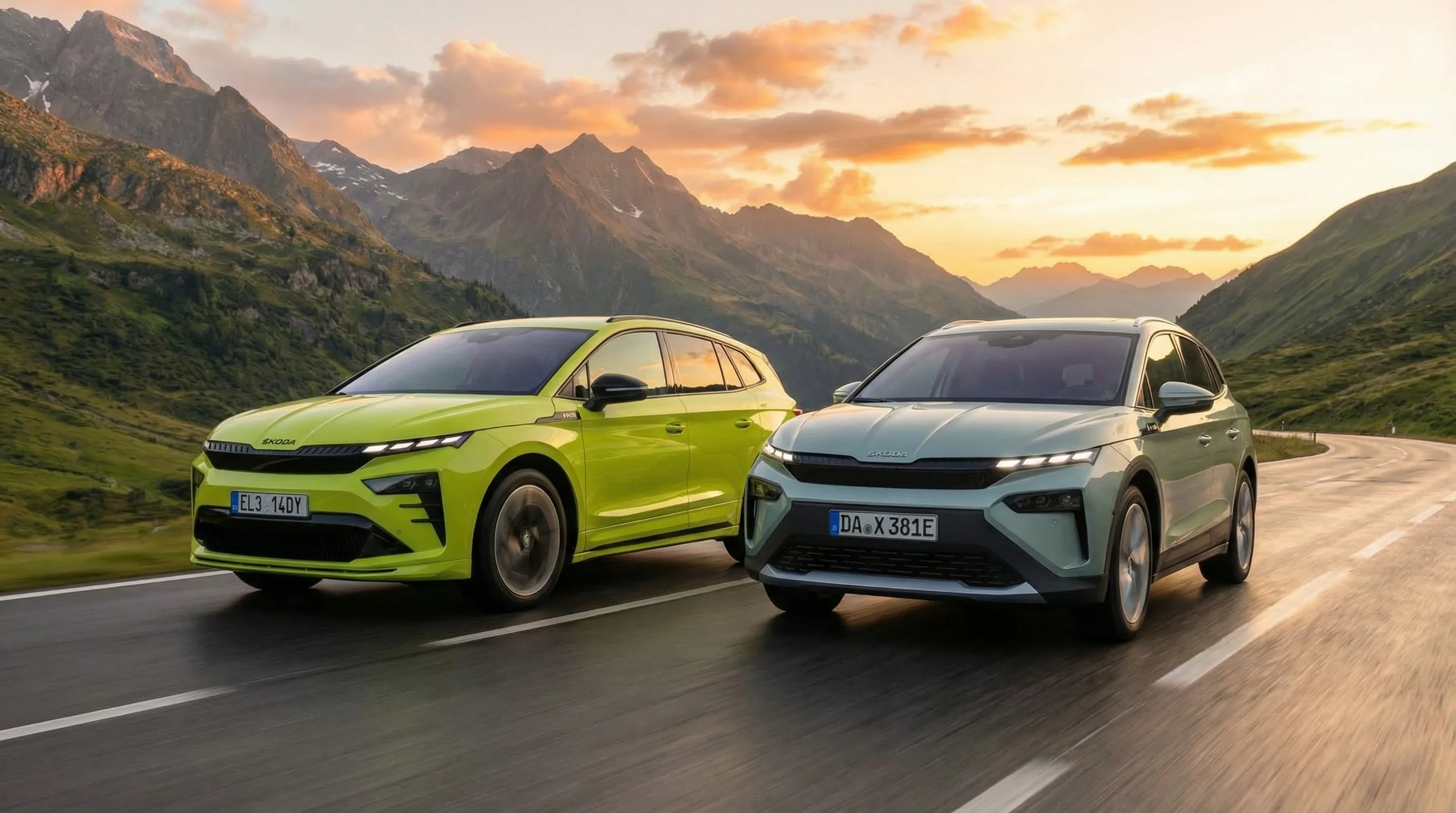 Škoda, Enyaq und Škoda Elroq auf einer Landstraße