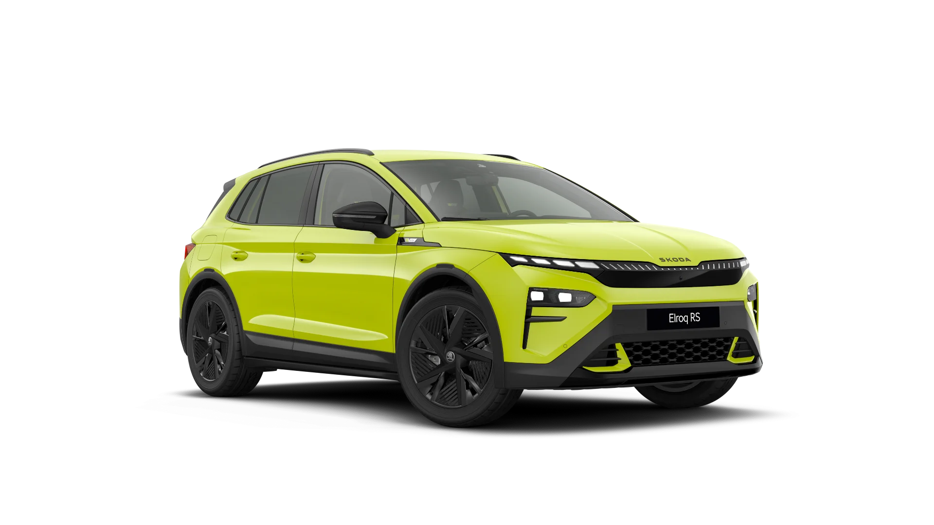 Skoda Elroq RS in Mamba-Grün in 45-Grad Sicht von vorne rechts