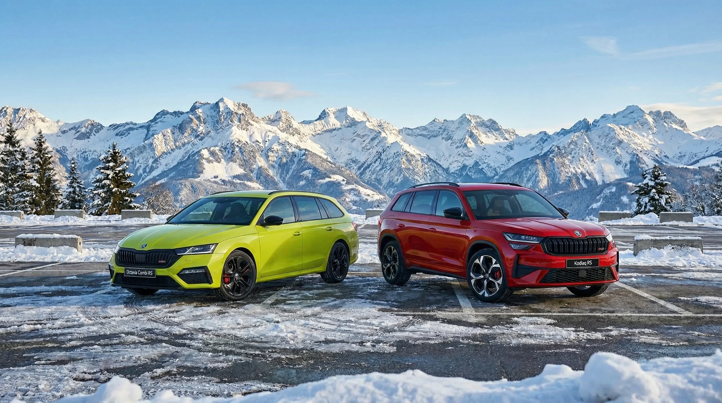 Škoda Octavia und Škoda Kodiak auf dem winterlichen Parkplatz