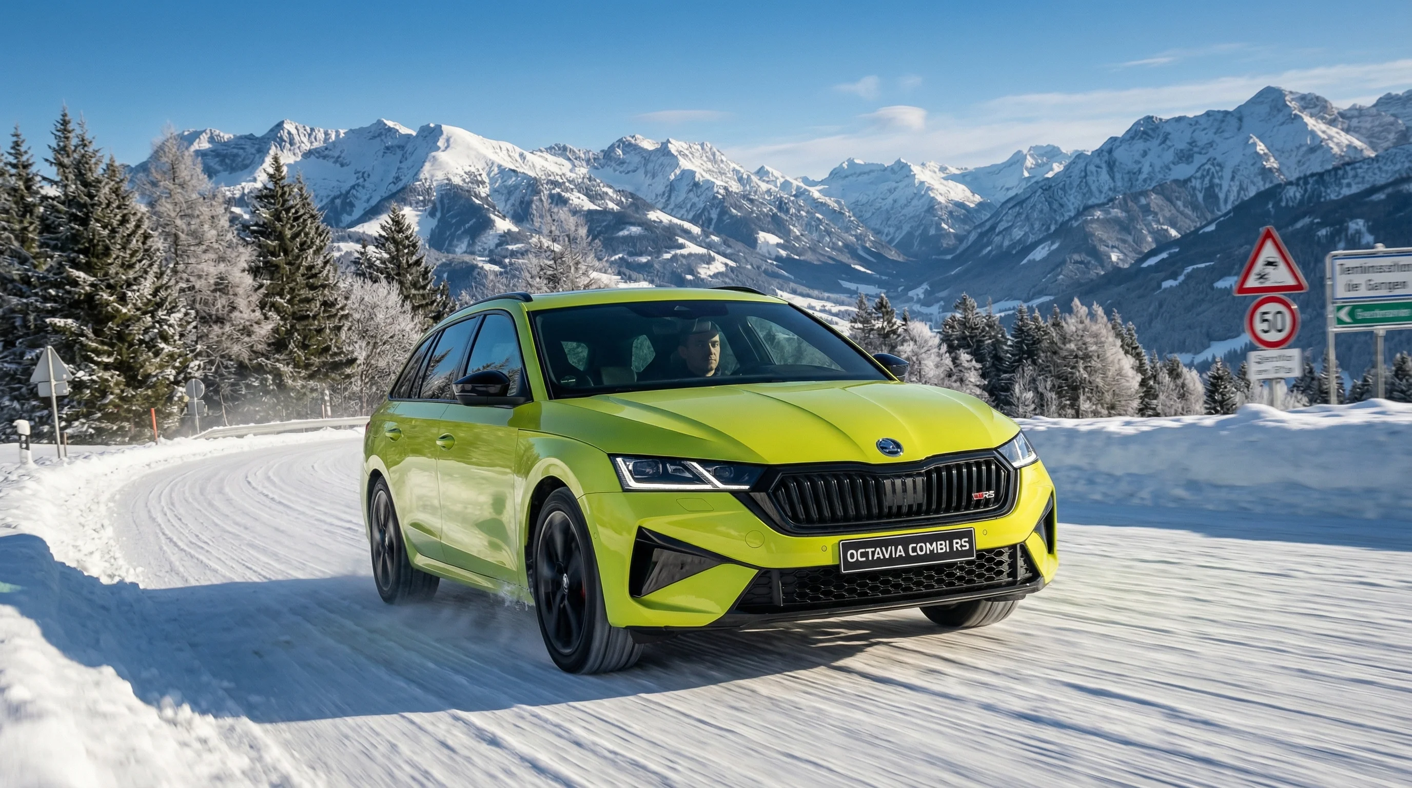 Erstelle ein Bild aus dem Hauptmotiv,  fahrend auf einer verschneiten Landstraße mit alpinem Panorama. 